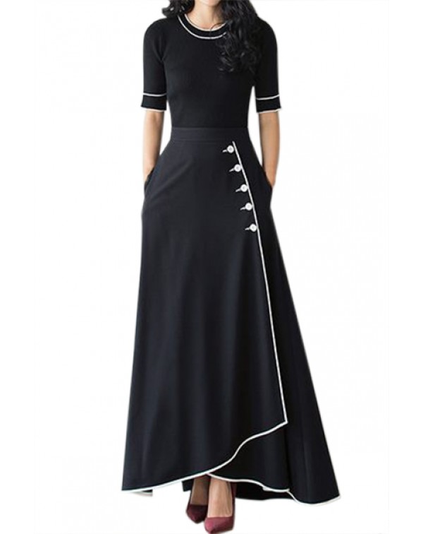 Black Piped Button Embellished High Waist Maxi Ski...
